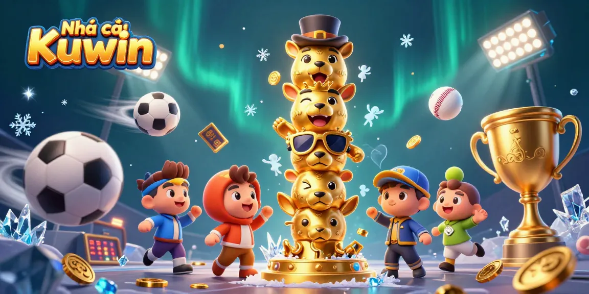 Experience dynamic gameplay at Nhà cái Kuwin, featuring vibrant sports elements and a golden totem in a lively casino scene.