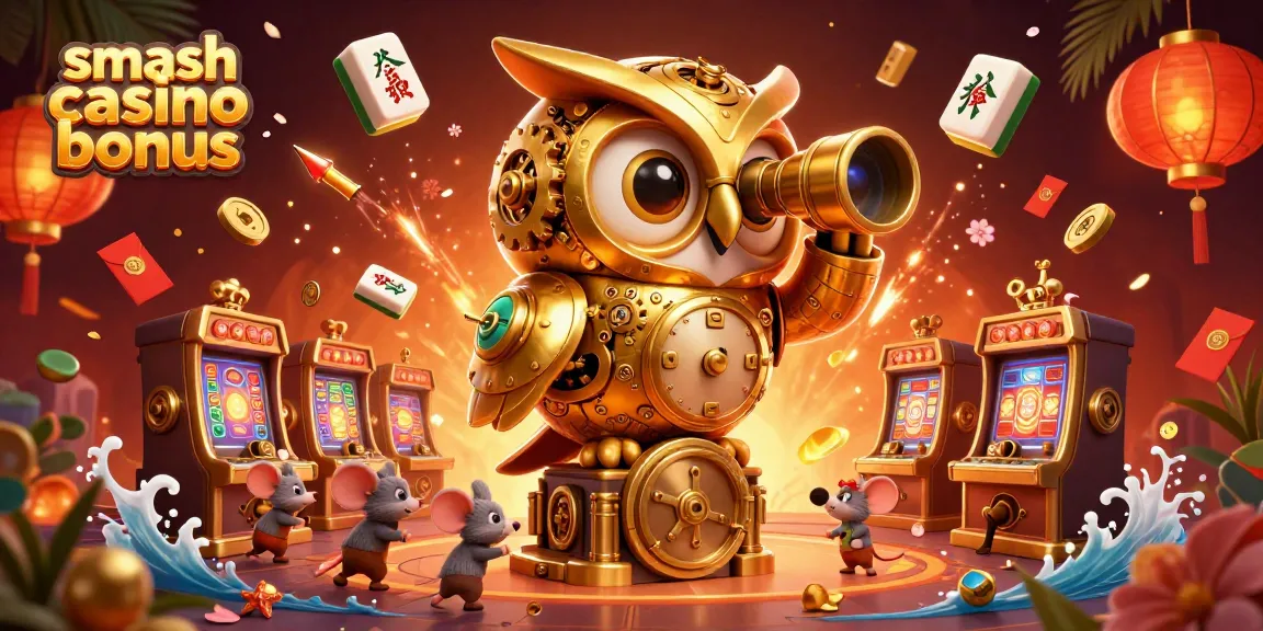 Profitez du smash casino bonus avec un hibou doré observant les machines à sous animées et les clients chanceux.