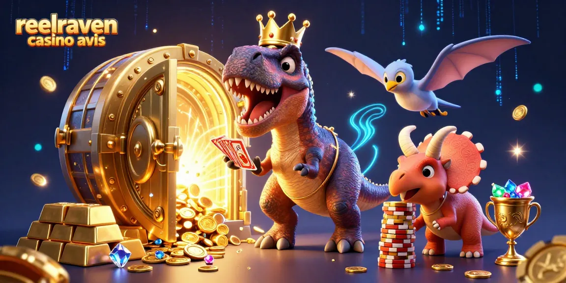 Reelraven Casino Avis: Erlebe spannende Kartenspiele mit einem T-Rex und bunten Chips.