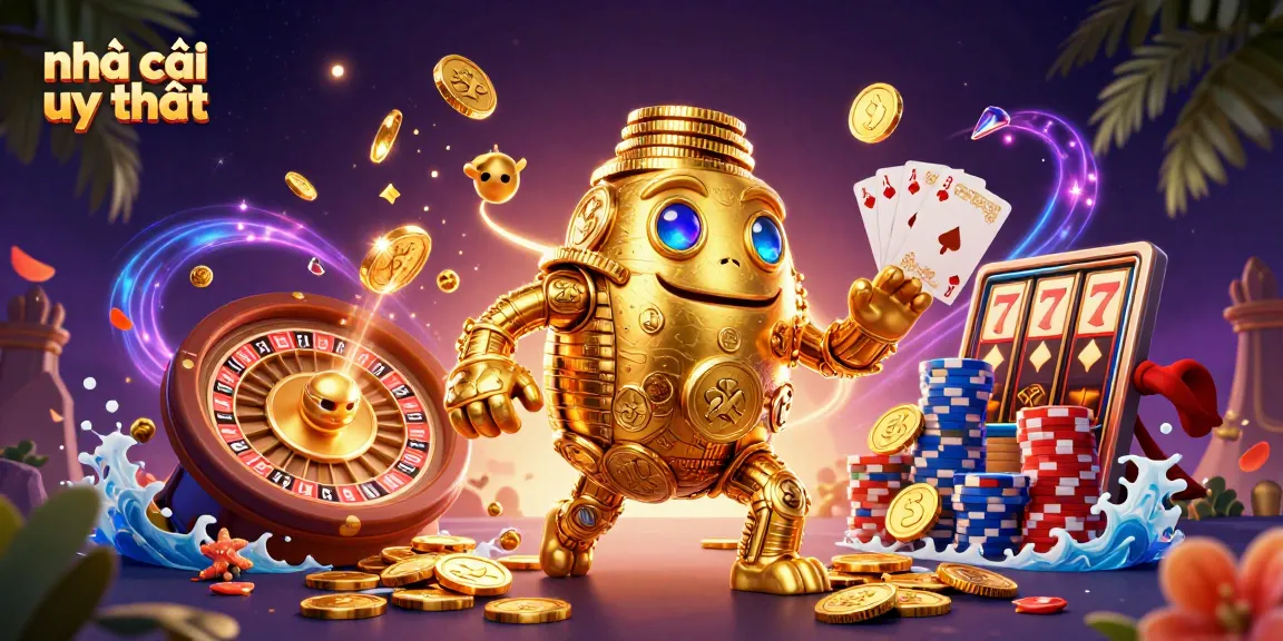 Spin the reels at nhà cái uy tín, illuminated by cascading coins and vibrant gambling icons.