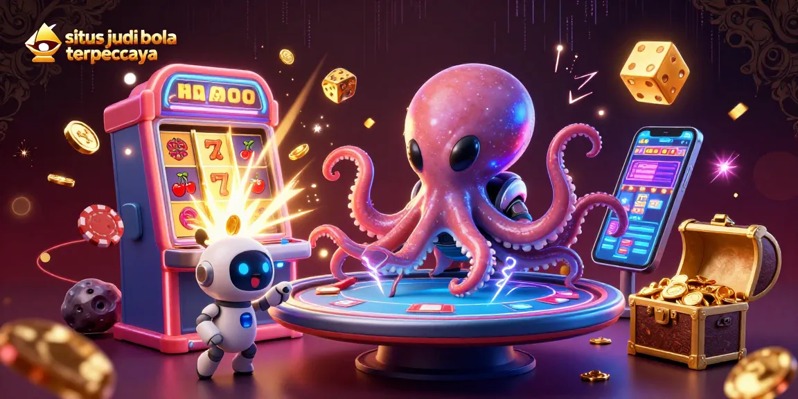 Situs judi bola terpercaya showcases a vibrant alien-themed casino scene with an octopus and poker elements.