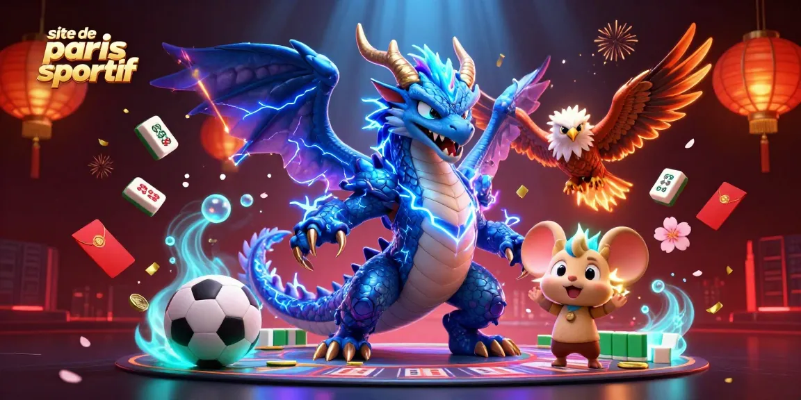 Visualisez le site de paris sportif avec des personnages de dragon et de faucon entourés d'éléments de jeu.