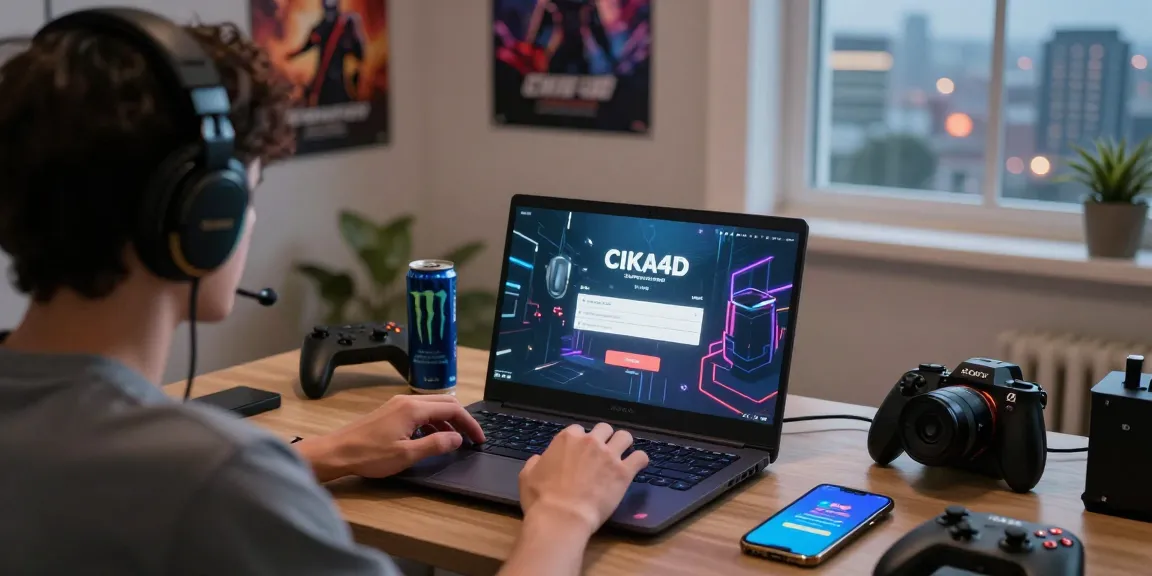 Excited user accessing CIKA4D online gaming platform from home, featuring a cozy setup with gaming accessories.