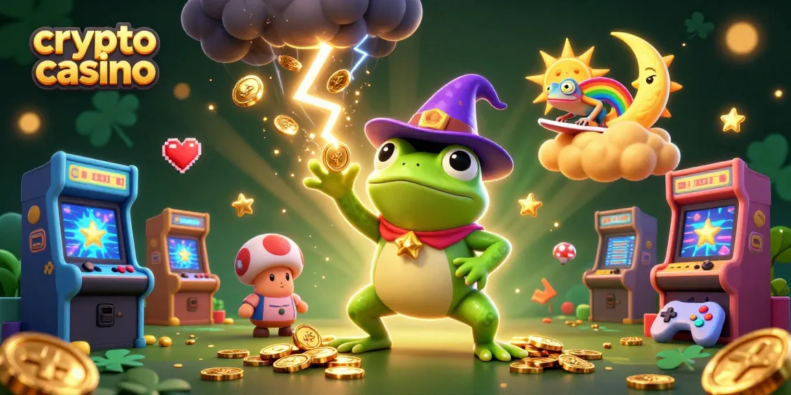 Jouez au crypto casino avec un frog magicien créant une tempête de pièces d'or et un caméléon sur un nuage doré.