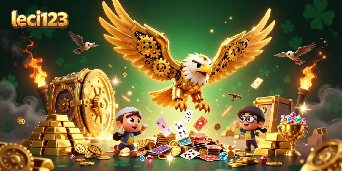Engage in thrilling gameplay at leci123 with a gold-filled 3D casino scene featuring a cybernetic eagle.