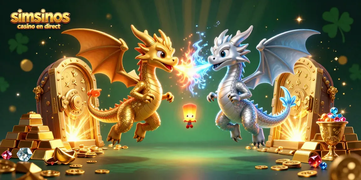 Jouer au casino en direct Simsinos avec des dragons dans une scène dynamique et des trésors dorés.