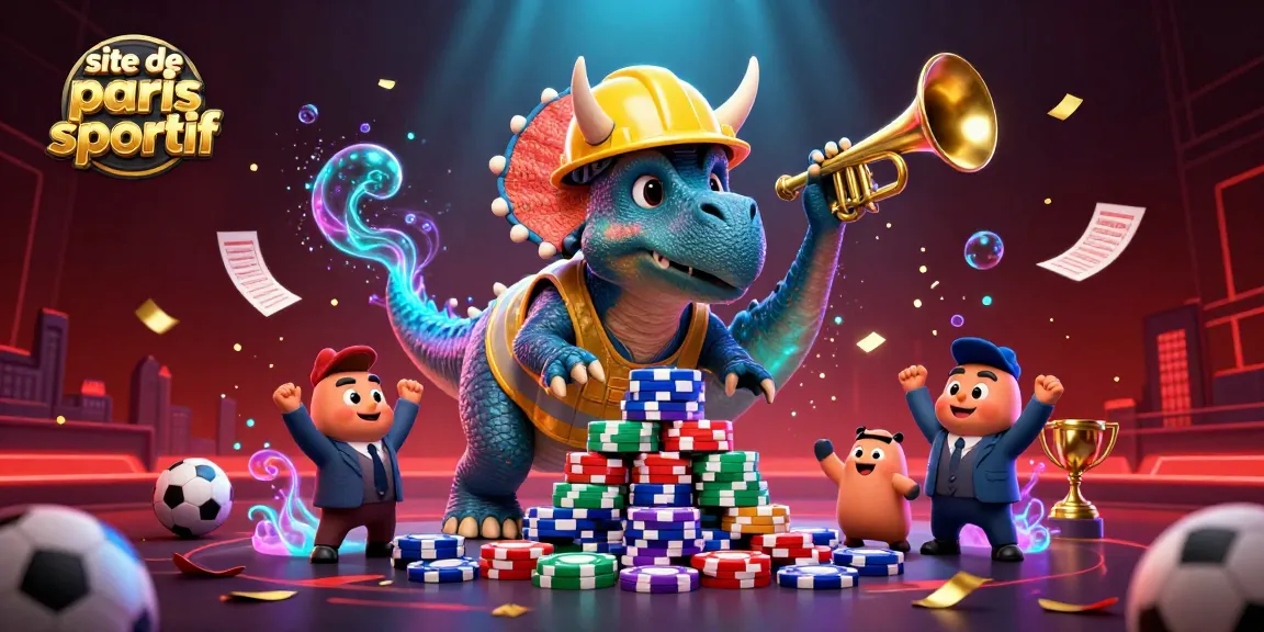 Illustration dynamique pour un site de paris sportif illustrant un tricératops et un parasaurolophe avec des éléments de jeu.